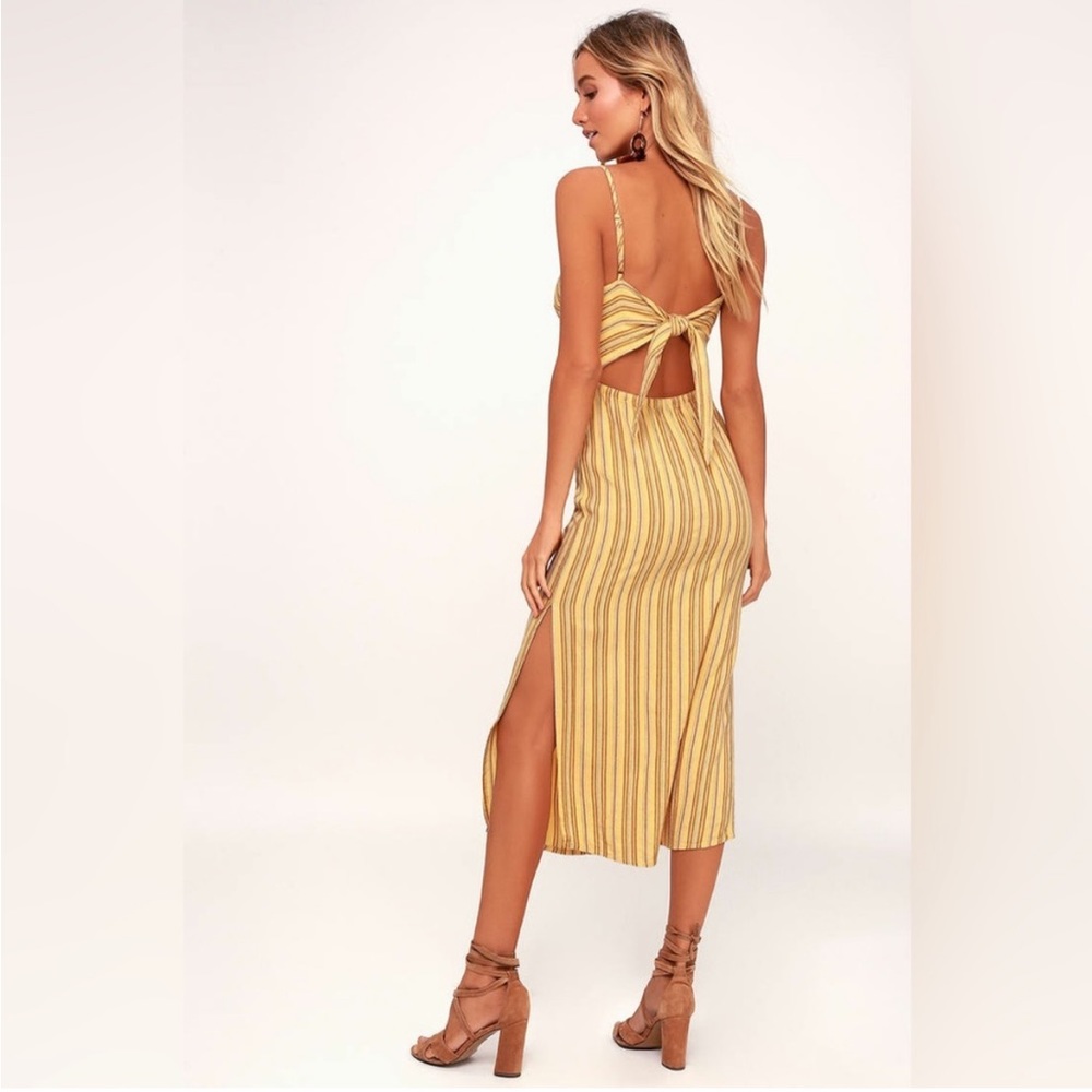 White Sands Yellow Striped Tie-Back Midi Dress☀️